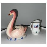 Porcelain Creamer with Floral Insects and Pink Swan Planter Made in Japan