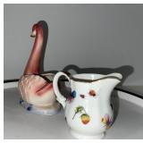 Porcelain Creamer with Floral Insects and Pink Swan Planter Made in Japan
