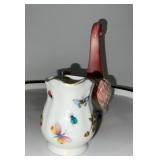 Porcelain Creamer with Floral Insects and Pink Swan Planter Made in Japan