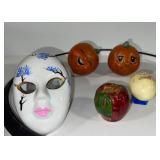 Collection of 5 Decorative Figurines - Mask Trinket Box, Pumpkins, Marble Egg, and Apple