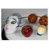 Collection of 5 Decorative Figurines - Mask Trinket Box, Pumpkins, Marble Egg, and Apple