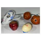 Collection of 5 Decorative Figurines - Mask Trinket Box, Pumpkins, Marble Egg, and Apple