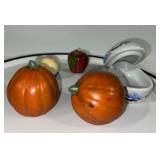Collection of 5 Decorative Figurines - Mask Trinket Box, Pumpkins, Marble Egg, and Apple