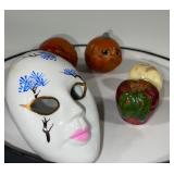 Collection of 5 Decorative Figurines - Mask Trinket Box, Pumpkins, Marble Egg, and Apple
