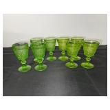 Set of 8 Green Depression  Pressed Glass Goblets with Decorative Pattern