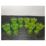 Set of 8 Green Depression  Pressed Glass Goblets with Decorative Pattern