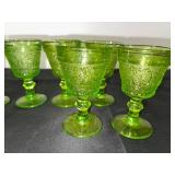 Set of 8 Green Depression  Pressed Glass Goblets with Decorative Pattern