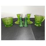 Set of Green Depression  Glass Tableware with Candlesticks, Creamer, Bowl, and Shakers