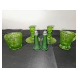 Set of Green Depression  Glass Tableware with Candlesticks, Creamer, Bowl, and Shakers