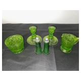 Set of Green Depression  Glass Tableware with Candlesticks, Creamer, Bowl, and Shakers