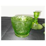 Set of Green Depression  Glass Tableware with Candlesticks, Creamer, Bowl, and Shakers