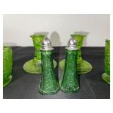 Set of Green Depression  Glass Tableware with Candlesticks, Creamer, Bowl, and Shakers
