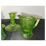 Set of Green Depression  Glass Tableware with Candlesticks, Creamer, Bowl, and Shakers