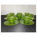 Set of 8 Vintage Green Depression  Glass Teacups with Saucers