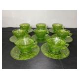 Set of 8 Vintage Green Depression  Glass Teacups with Saucers