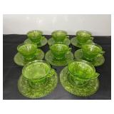 Set of 8 Vintage Green Depression  Glass Teacups with Saucers