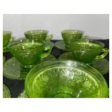 Set of 8 Vintage Green Depression  Glass Teacups with Saucers