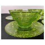 Set of 8 Vintage Green Depression  Glass Teacups with Saucers