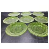 Set of 8 Vintage Green Depression Glass Plates with Floral Pattern