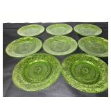 Set of 8 Vintage Green Depression Glass Plates with Floral Pattern