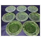 Set of 8 Vintage Green Depression Glass Plates with Floral Pattern