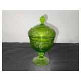Green Pressed Glass Lidded Compote Dish with Pedestal, 8 Inch Tall