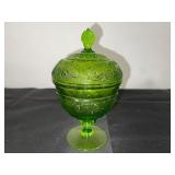 Green Pressed Glass Lidded Compote Dish with Pedestal, 8 Inch Tall