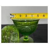 Green Pressed Glass Lidded Compote Dish with Pedestal, 8 Inch Tall