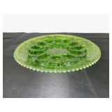Green Pressed Glass Deviled Egg Plate with Decorative Pattern, 11 Inch