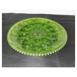 Green Pressed Glass Deviled Egg Plate with Decorative Pattern, 11 Inch