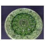 Green Pressed Glass Deviled Egg Plate with Decorative Pattern, 11 Inch