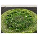 Green Pressed Glass Deviled Egg Plate with Decorative Pattern, 11 Inch