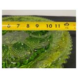 Green Pressed Glass Deviled Egg Plate with Decorative Pattern, 11 Inch