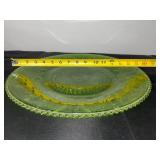Vintage Green Uranium Glass Plate with Floral Pattern, 14 Inch