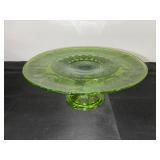 Vintage Green Glass Pedestal Cake Stand, 13 Inch Floral Pattern