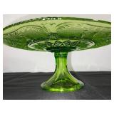 Vintage Green Glass Pedestal Cake Stand, 13 Inch Floral Pattern