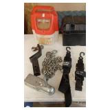 Trailer Accessory Lot with Battery Box, Marine Straps, Hitch, and Chains