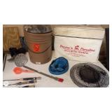 Fishing and Boating Gear Collection with Rods, Nets, Bucket, and Cooler