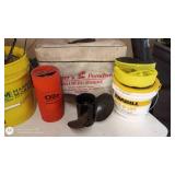 Assorted Fishing and Boating Gear Including Buckets, Life Jackets, and Propeller