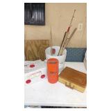 Vintage Fishing Gear Collection with Rods, Tackle Box, and Magic Worm Farm