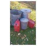 Lot of 3 Metal Trash Cans and 2 Red Plastic Fuel Containers