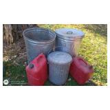 Lot of 3 Metal Trash Cans and 2 Red Plastic Fuel Containers