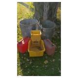 Group of Outdoor Utility Items with Trash Cans, Gas Cans, and Storage Bin