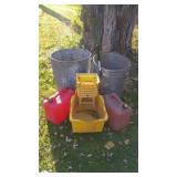 Group of Outdoor Utility Items with Trash Cans, Gas Cans, and Storage Bin