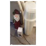 Holiday Decor Lot: Wooden Santa, Gift Wrap Storage Bin, Ribbon Holder Set