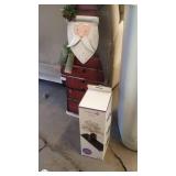 Holiday Decor Lot: Wooden Santa, Gift Wrap Storage Bin, Ribbon Holder Set