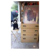 Group of Oak Dresser, Framed Bear Artwork, Plush Bear, and 2 Folding Tables