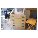 Group of Oak Dresser, Framed Bear Artwork, Plush Bear, and 2 Folding Tables