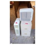 Small White Tabletop Fan, Beige File Cabinet, and Plastic Organizer Set