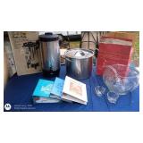 Party Beverage Service Lot with West Bend Percolator, Stockpot, Cookbooks and Glassware